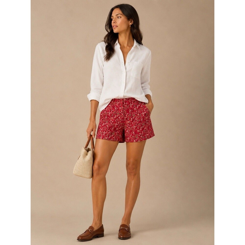 Lauren RALPH LAUREN Short Sz 12 Petite Red Linen Floral Print Resort Preppy New